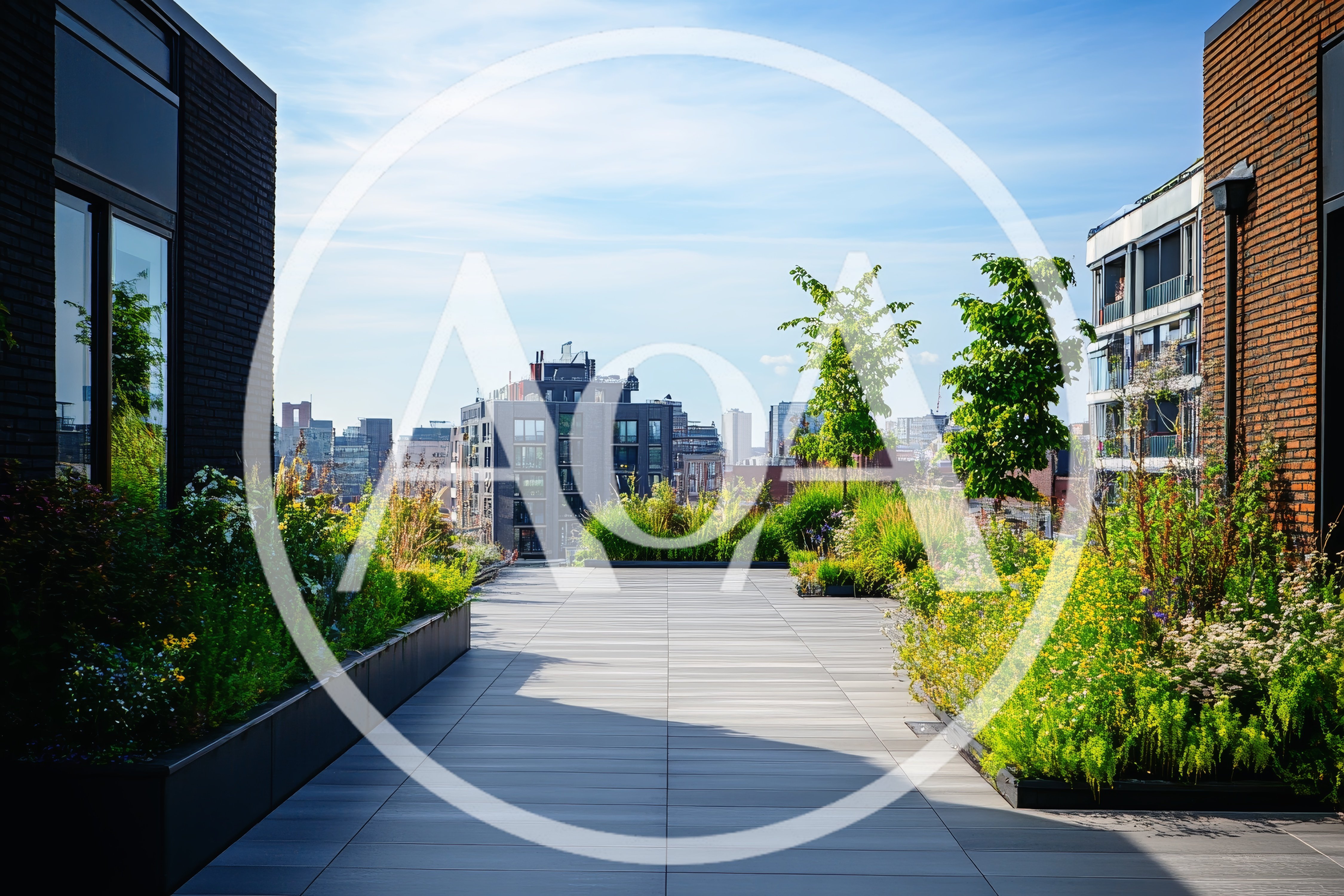 Modern Rooftop Terrace Garden With City Skyline View