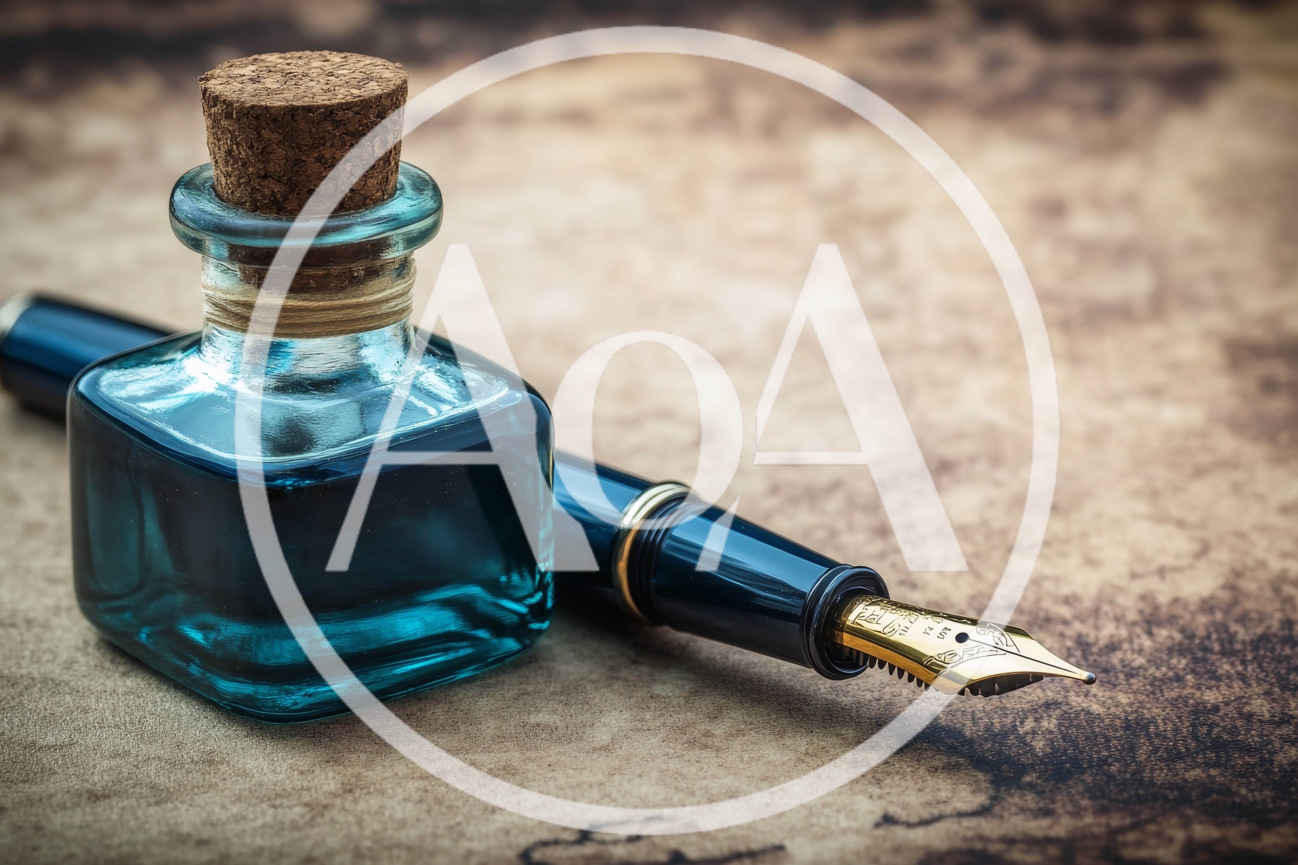Fountain Pen And Blue Ink Bottle On Vintage Paper