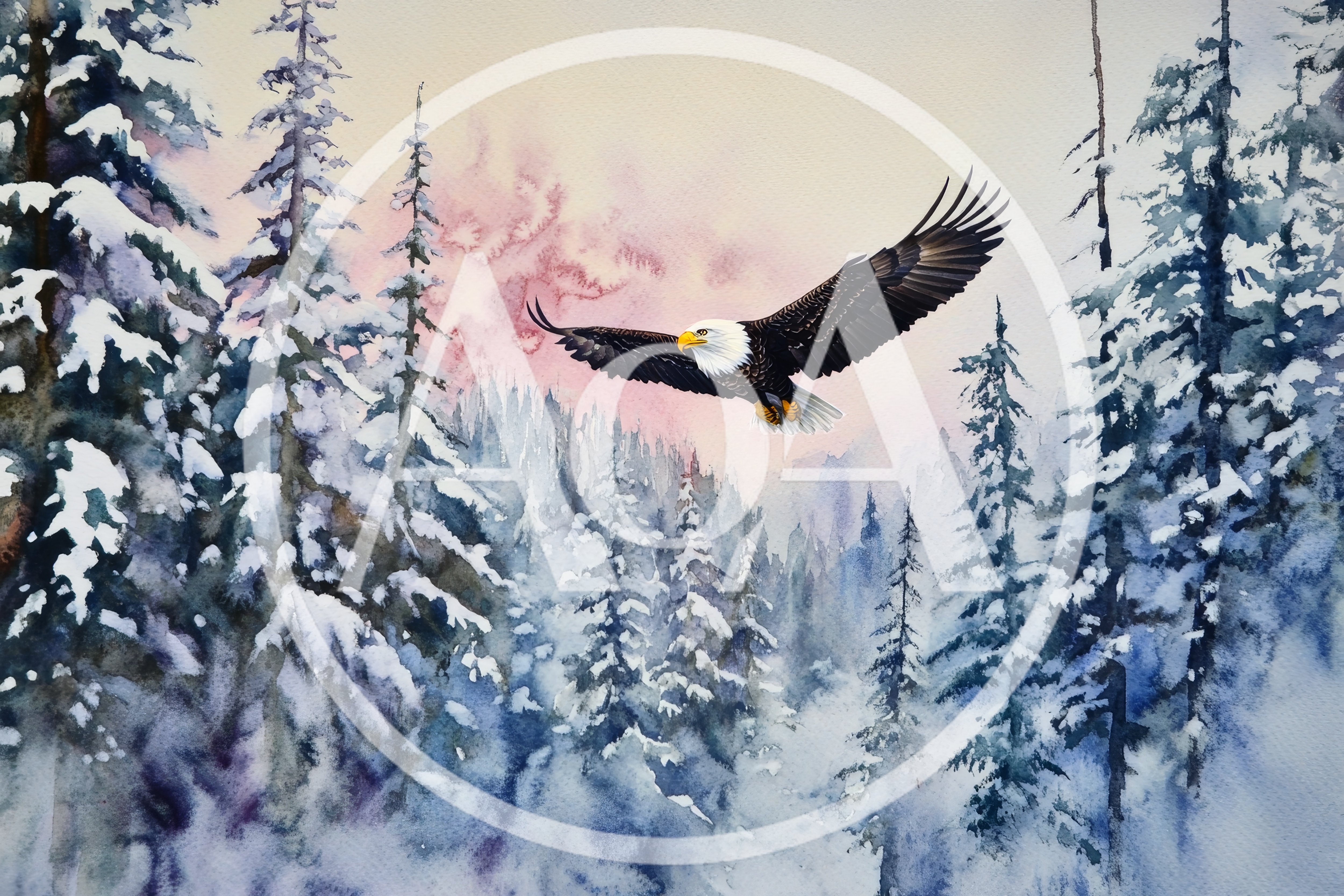 Bald Eagle Flying Over Snowy Winter Forest
