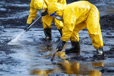 Environmental Workers Cleaning Oil Spill In Hazmat Suits