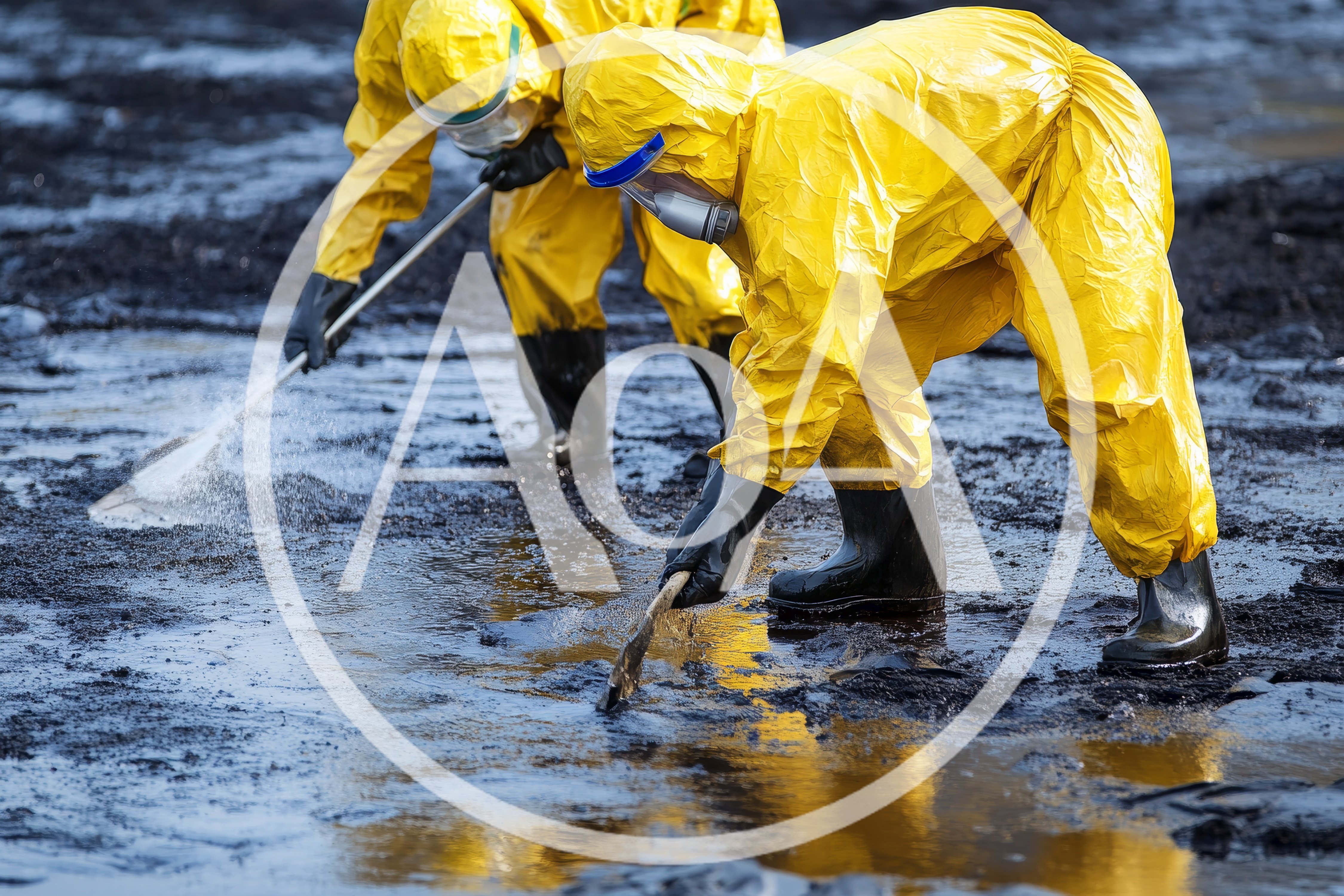 Environmental Workers Cleaning Oil Spill In Hazmat Suits