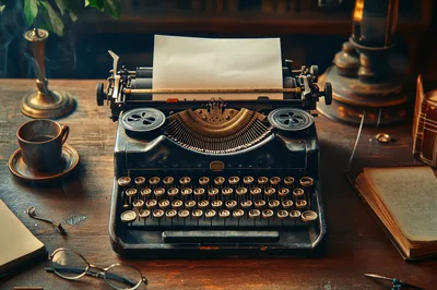 Vintage Typewriter On A Wooden Desk With Coffee