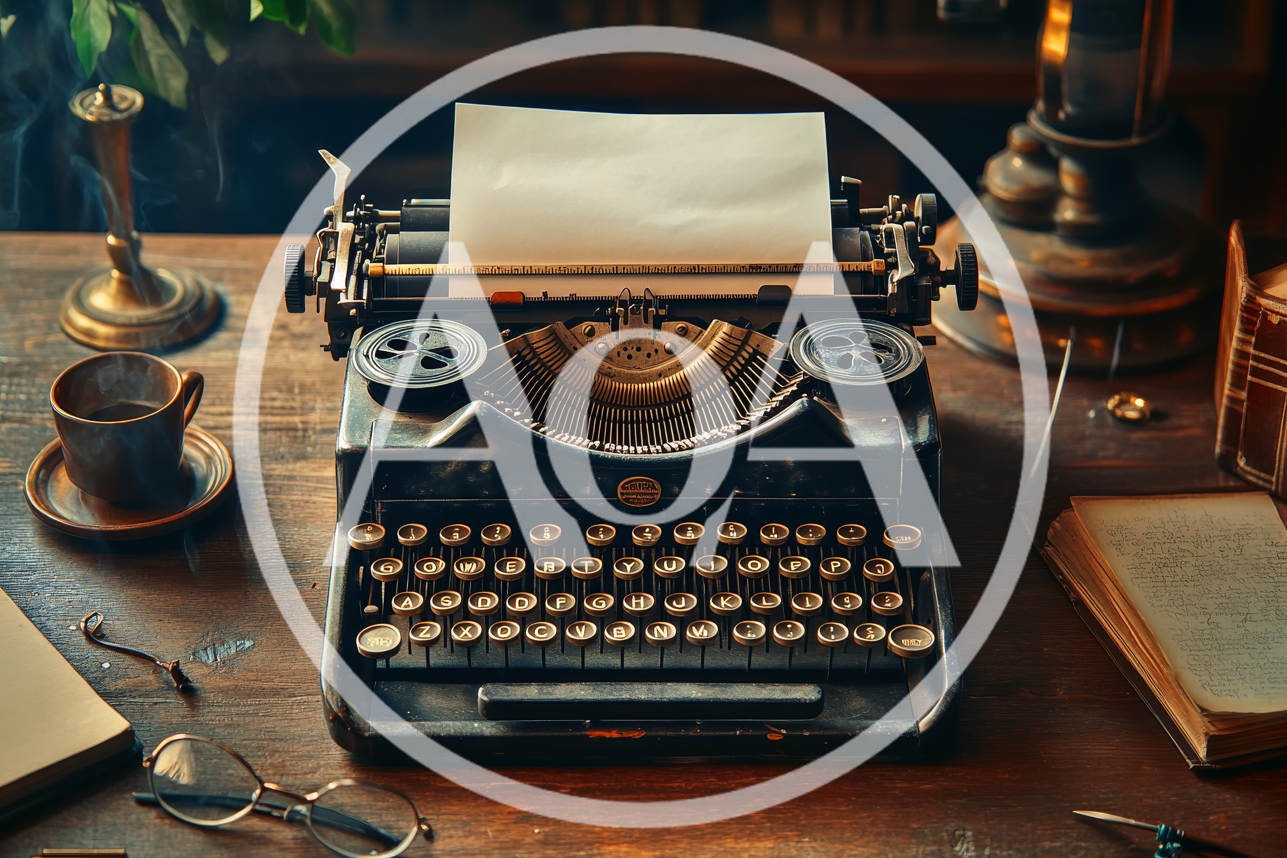 Vintage Typewriter On A Wooden Desk With Coffee