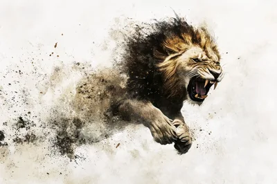 Aggressive Lion Pouncing With Artistic Dust Explosion Effect