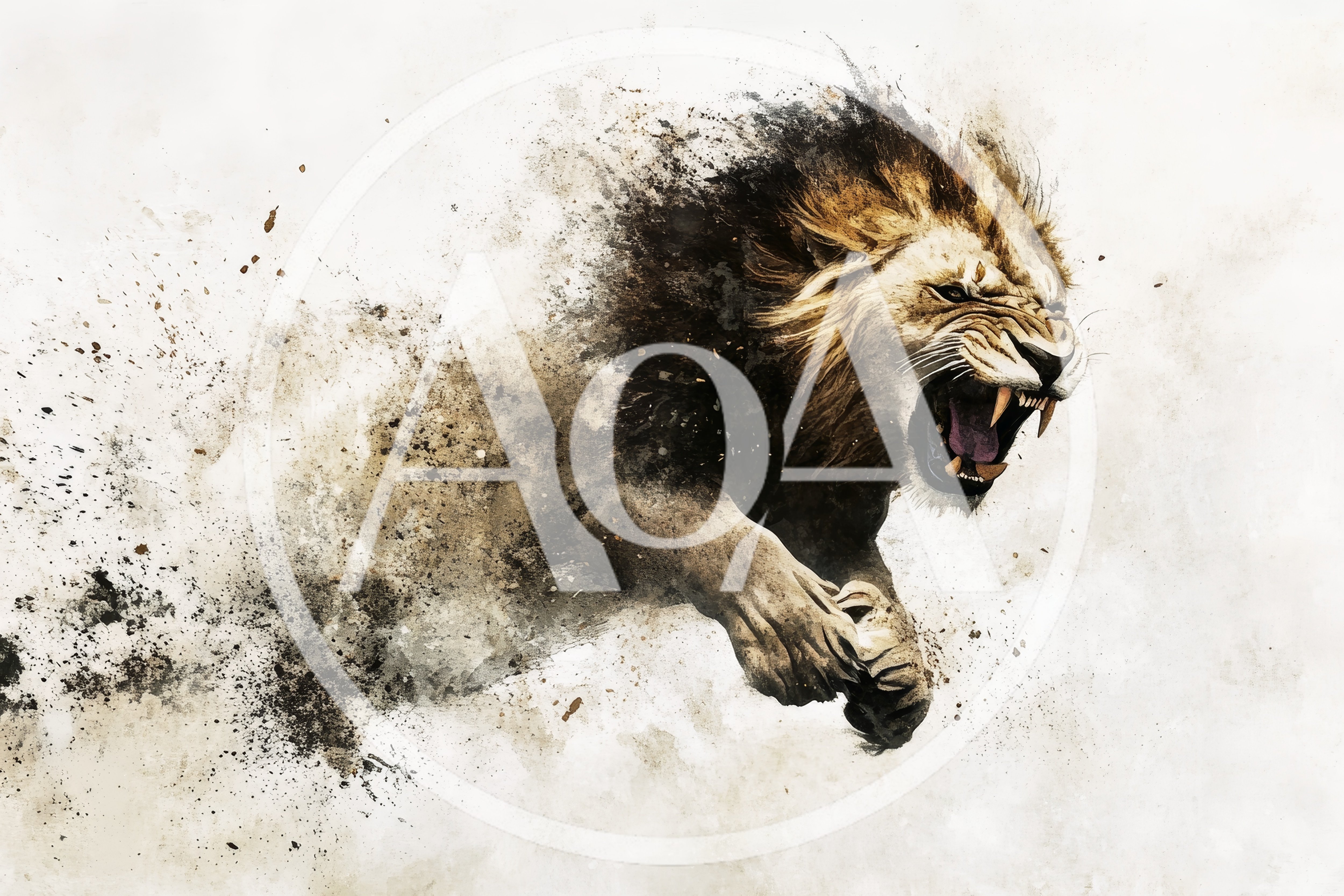 Aggressive Lion Pouncing With Artistic Dust Explosion Effect