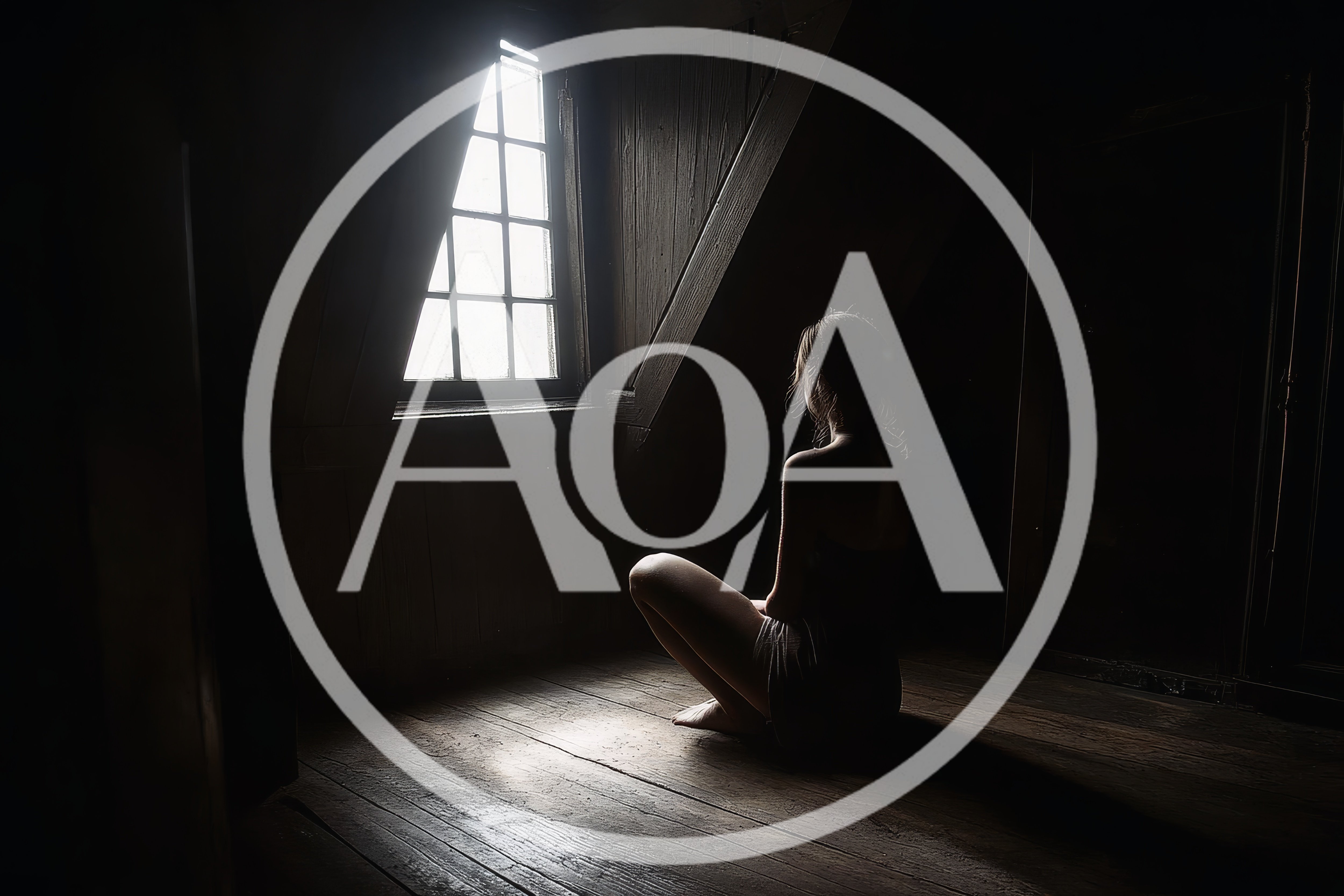 Young Woman Sitting Alone In A Dark Attic