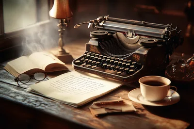 Vintage Typewriter With Handwritten Manuscript On Wooden Desk