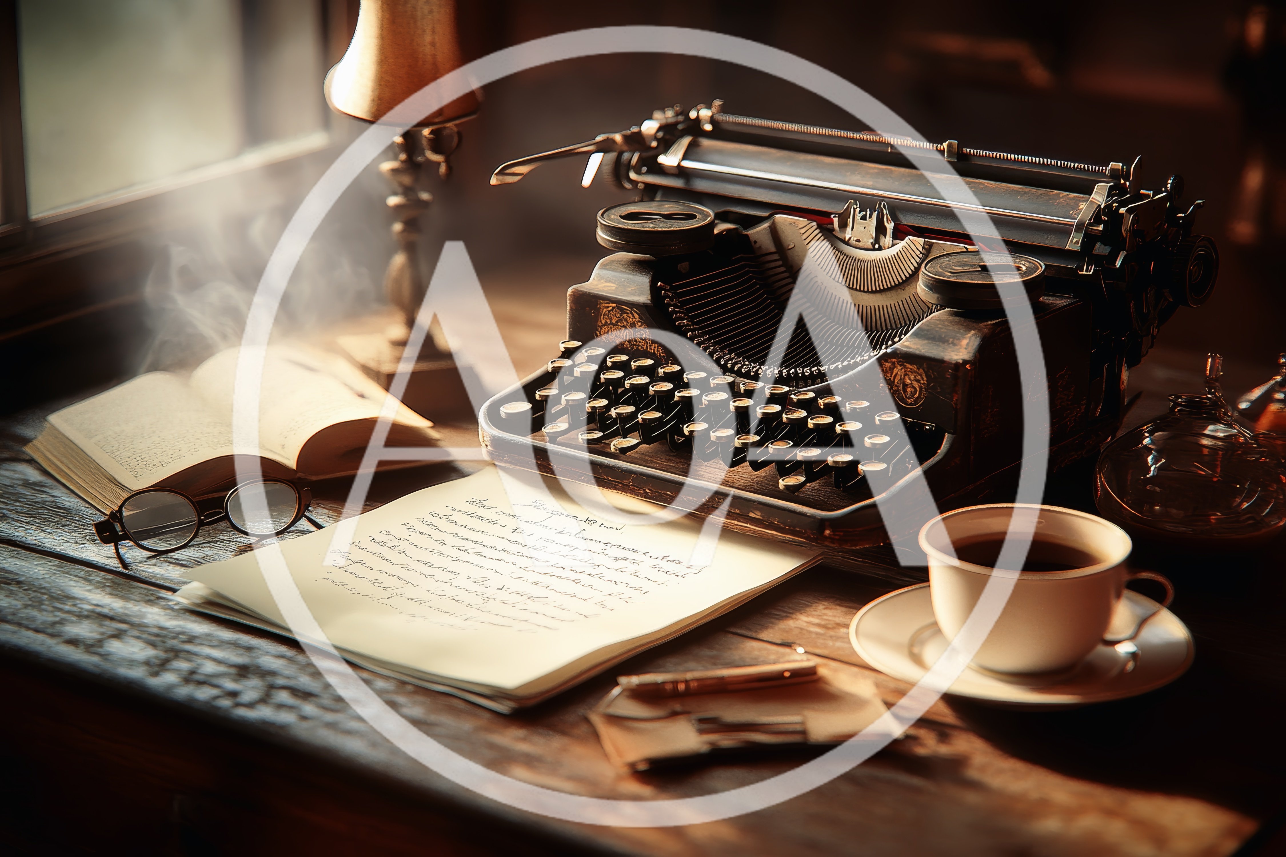 Vintage Typewriter With Handwritten Manuscript On Wooden Desk