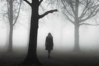 Woman Walking Through A Dense Foggy Forest