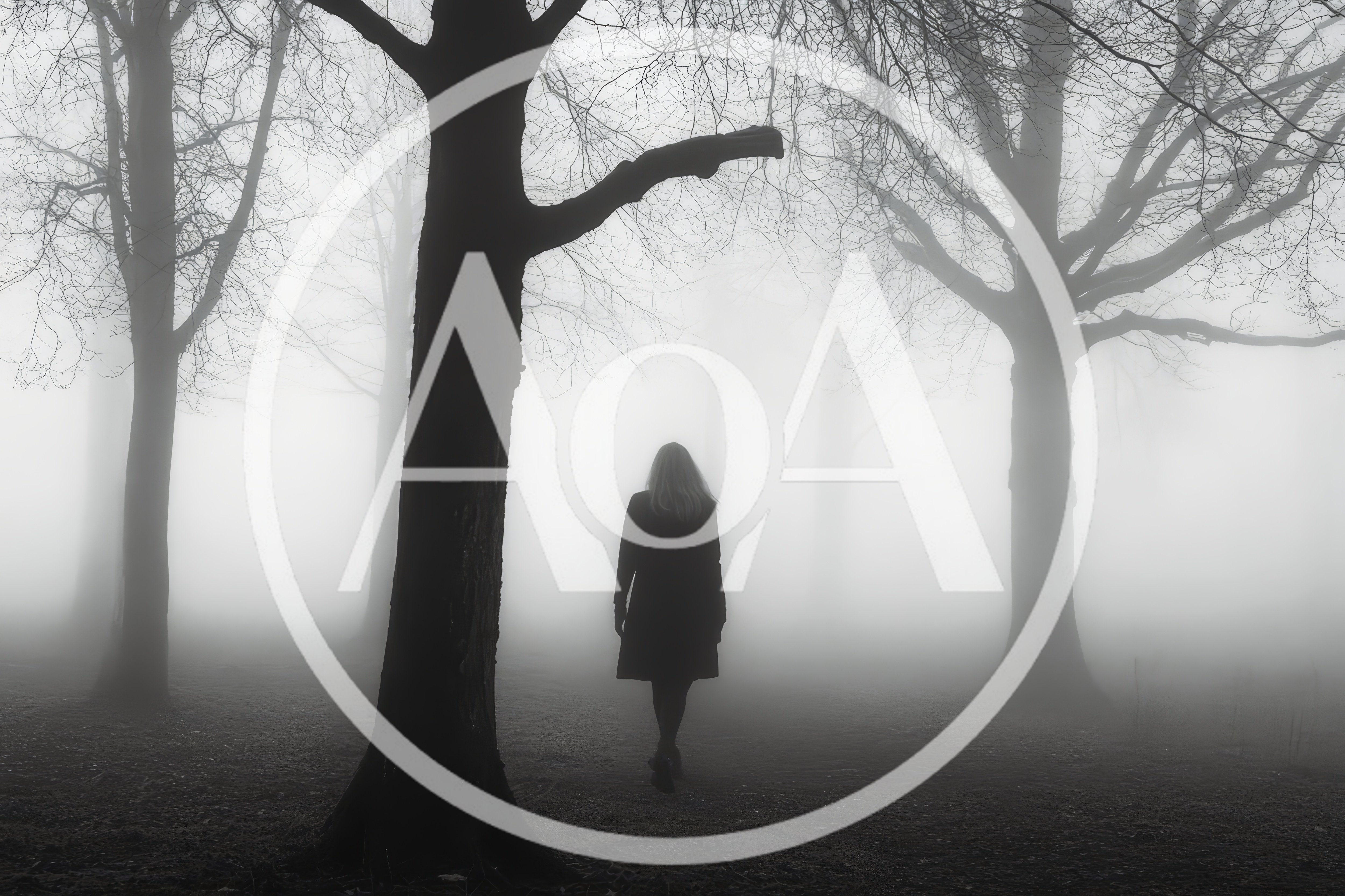 Woman Walking Through A Dense Foggy Forest