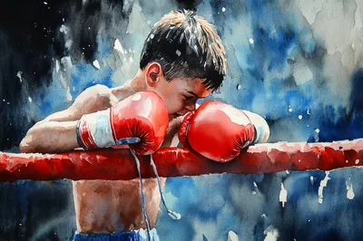 Watercolor Painting Of A Young Boxer Resting On Ropes