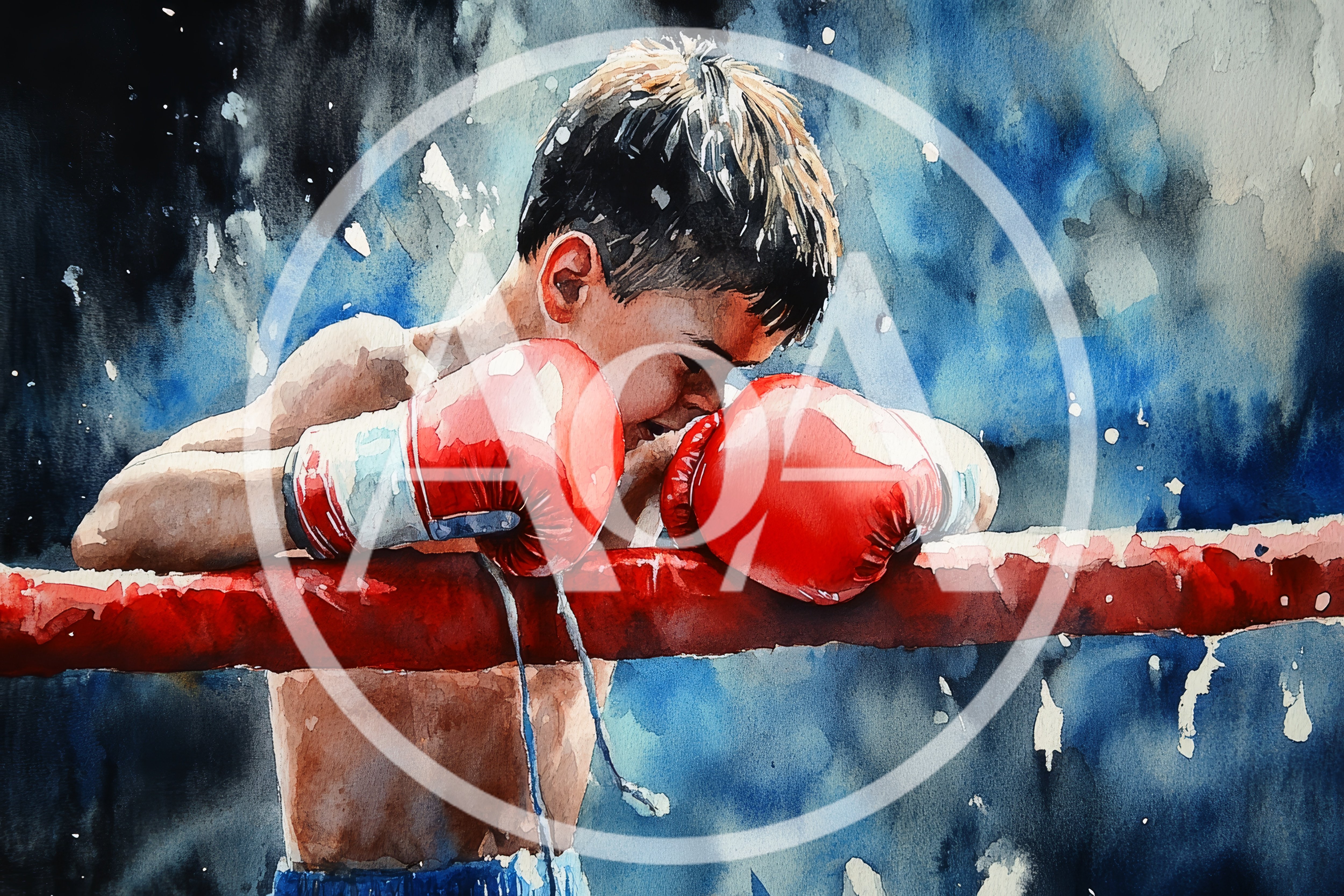 Watercolor Painting Of A Young Boxer Resting On Ropes