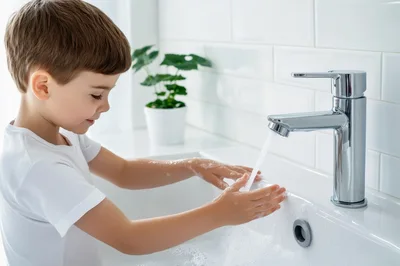 Young Boy Washing Hands In Bathroom Sink