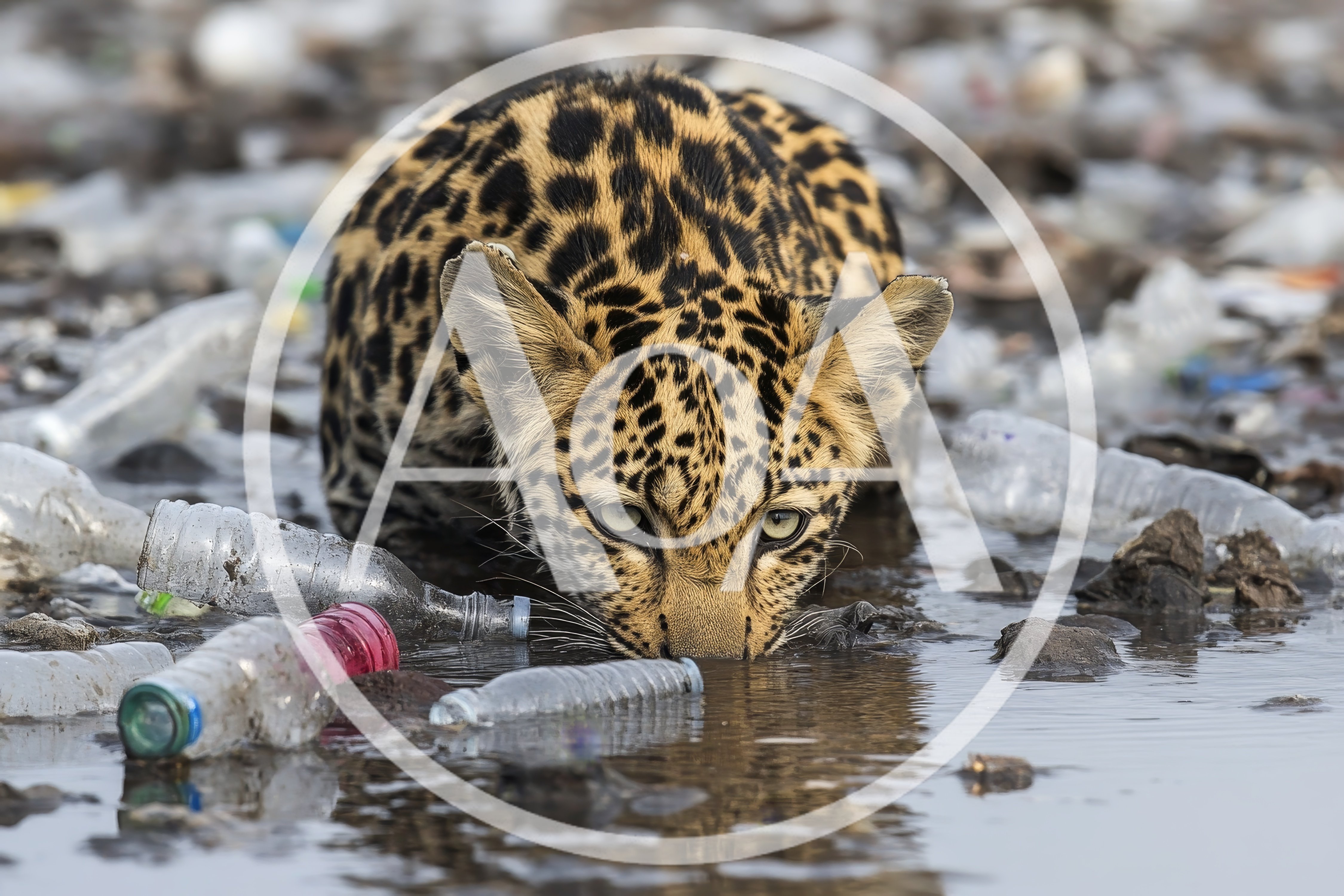 Leopard Drinking Water Amidst Plastic Waste Pollution