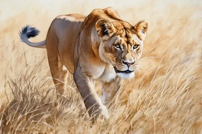 Watercolor Painting Of A Lioness Stalking Through Tall Grass