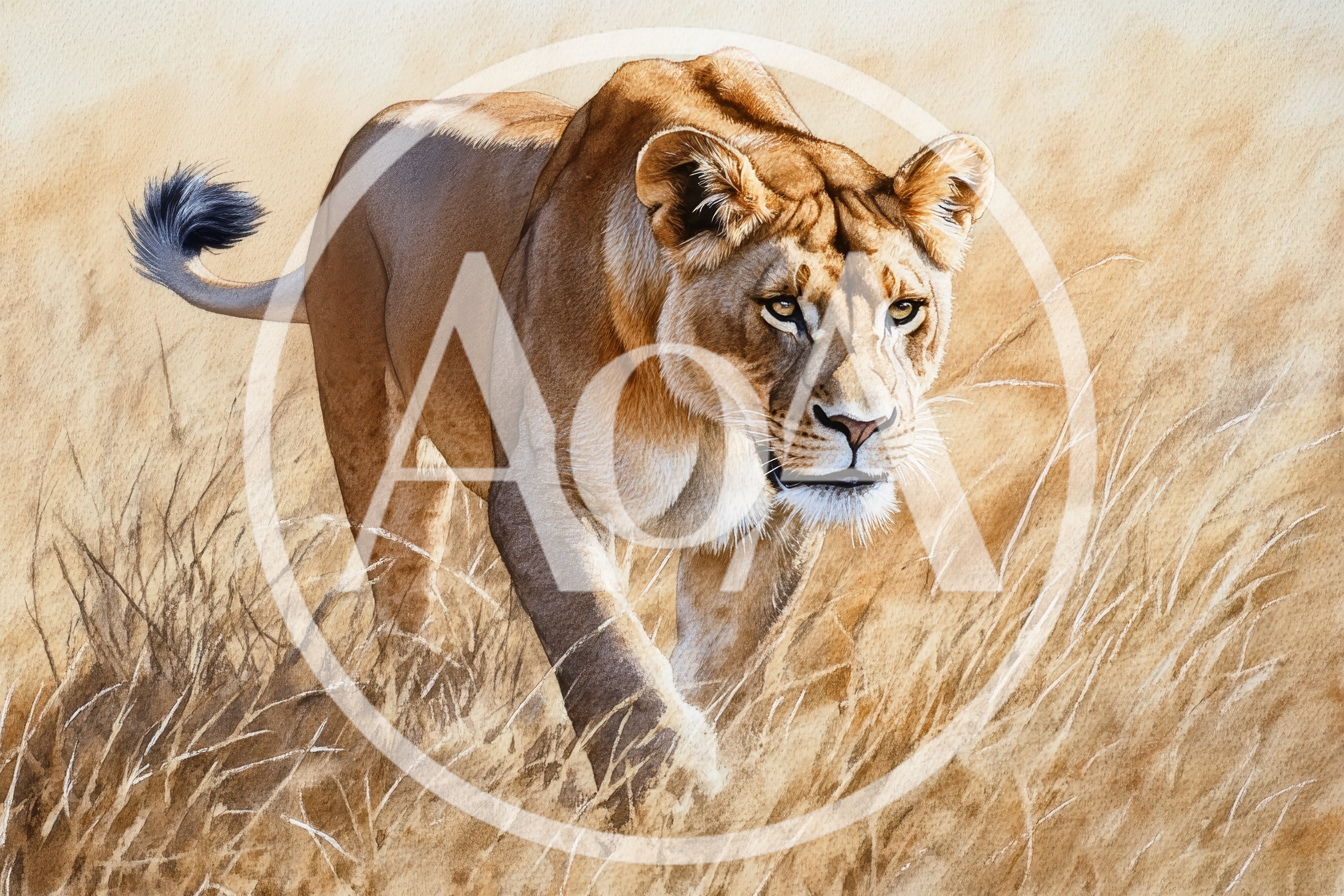 Watercolor Painting Of A Lioness Stalking Through Tall Grass