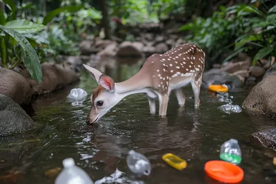 Spotted Fawn Drinking From Polluted Stream