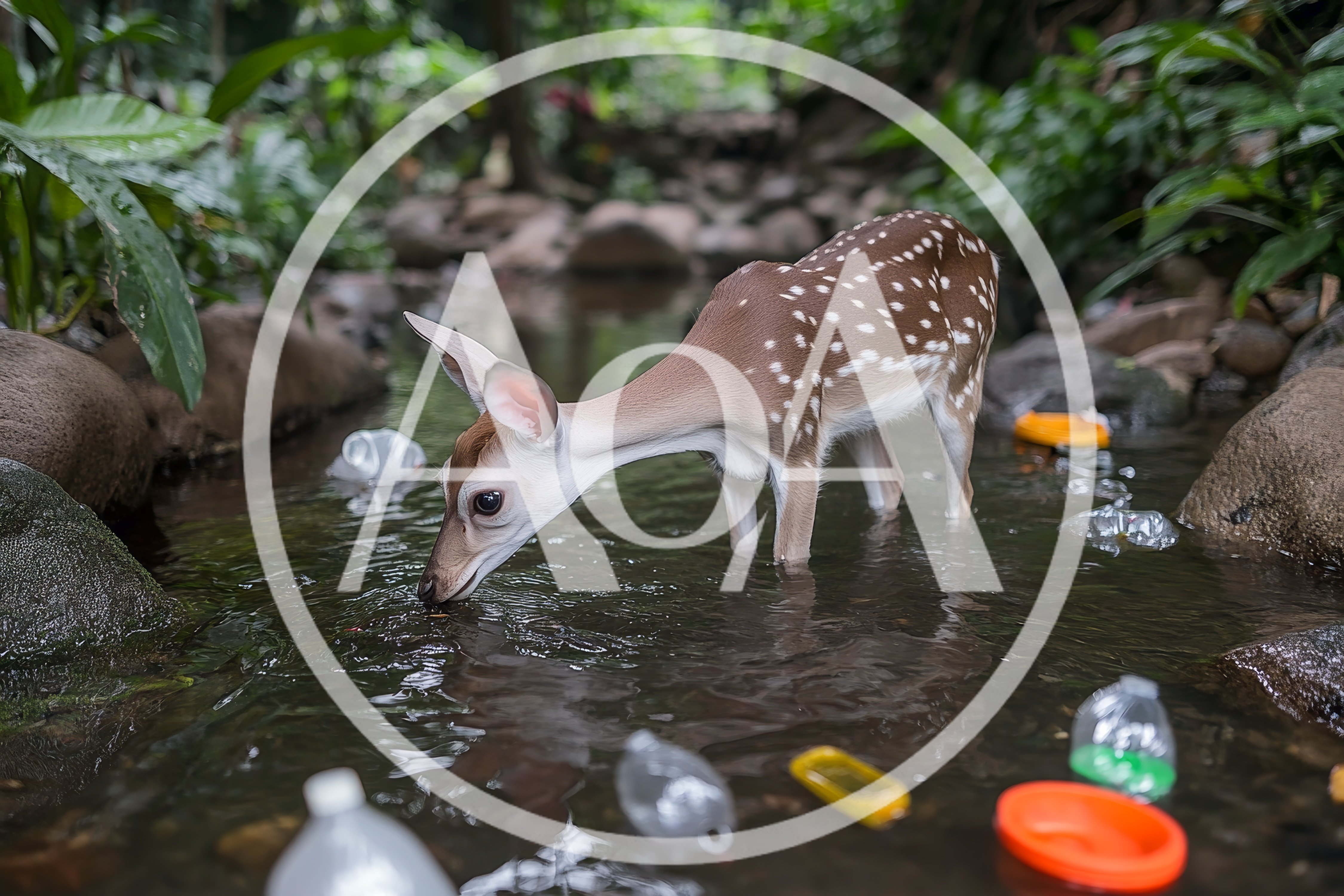 Spotted Fawn Drinking From Polluted Stream