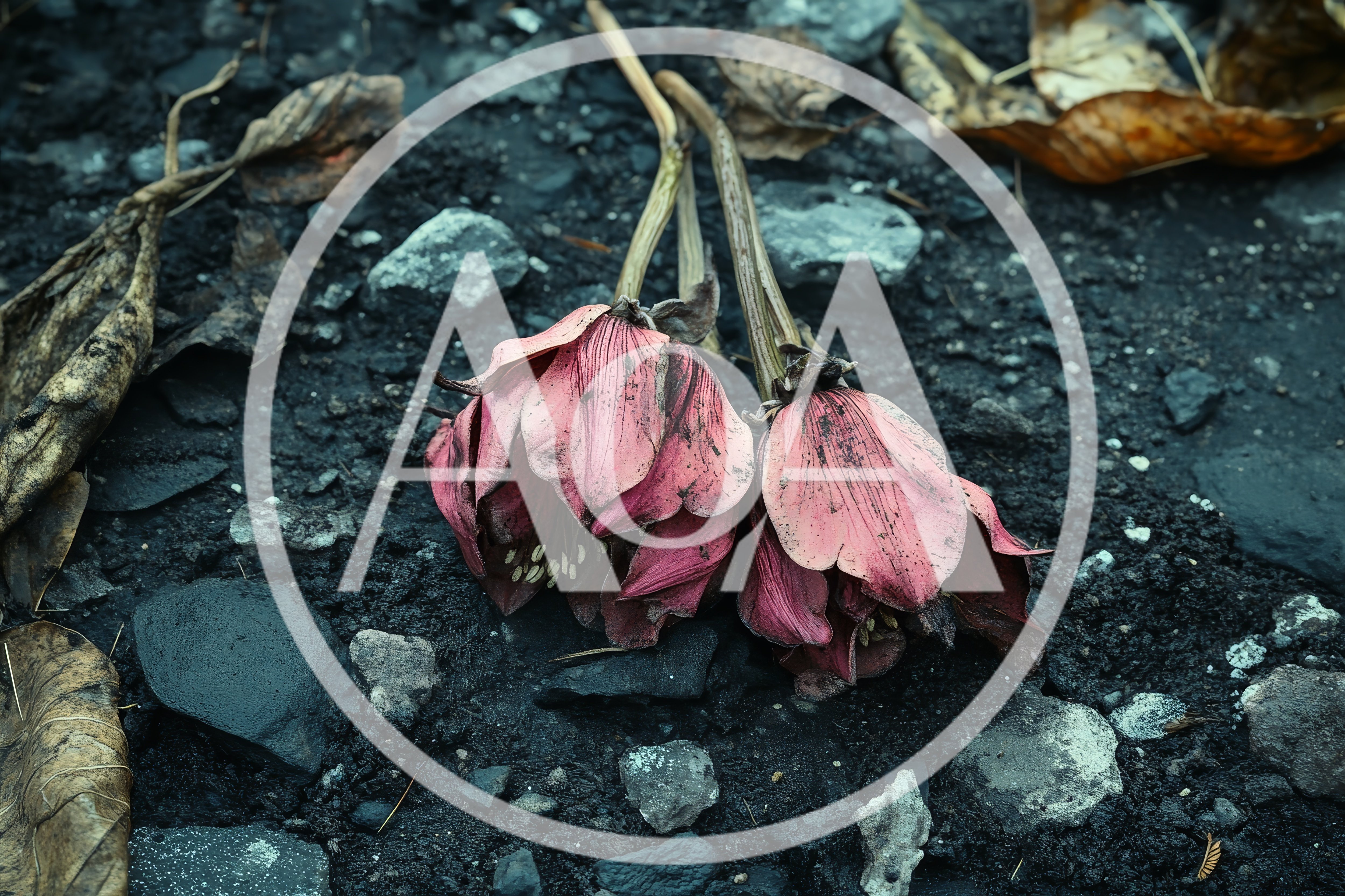 Two Withered Pink Hellebore Flowers on Dark Soil