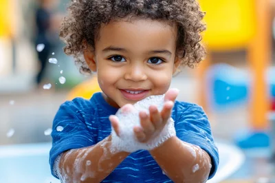Happy Toddler Playing With Soap Bubbles Outdoors