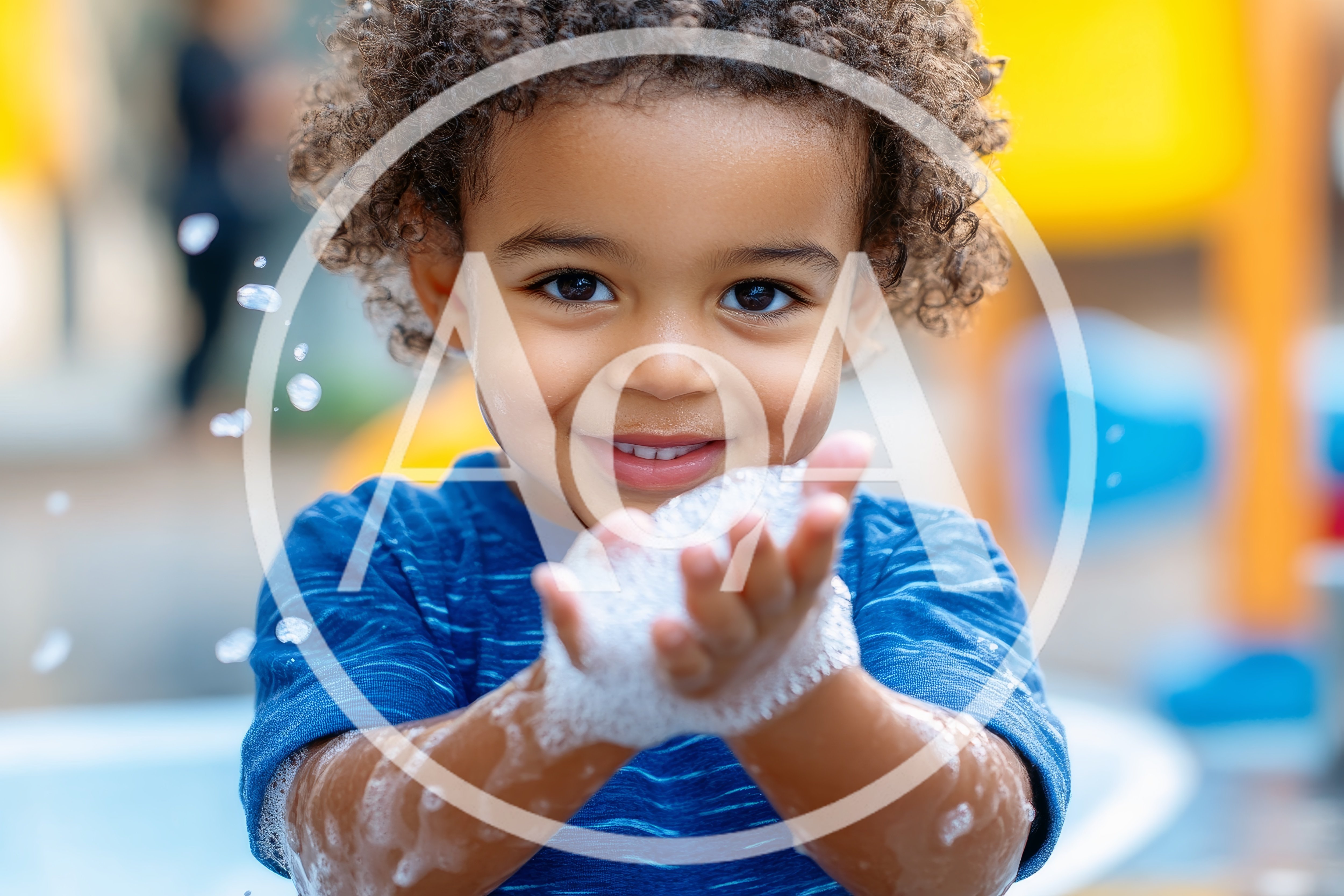 Happy Toddler Playing With Soap Bubbles Outdoors