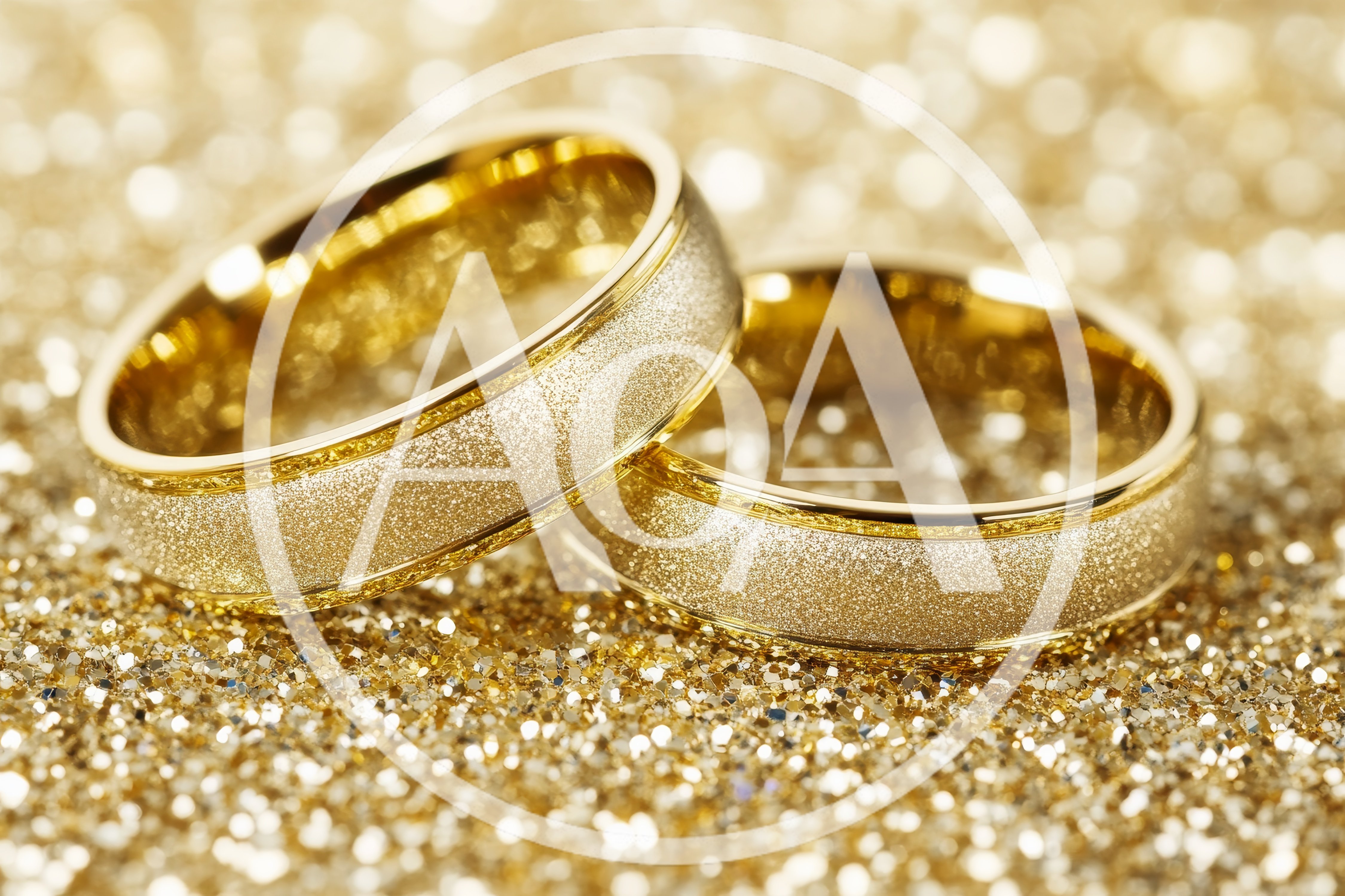 Two Gold Wedding Rings on Sparkling Glitter Background