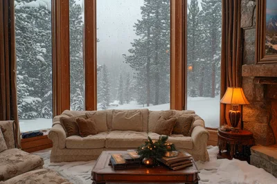 Cozy Living Room Interior With Snowy Forest View