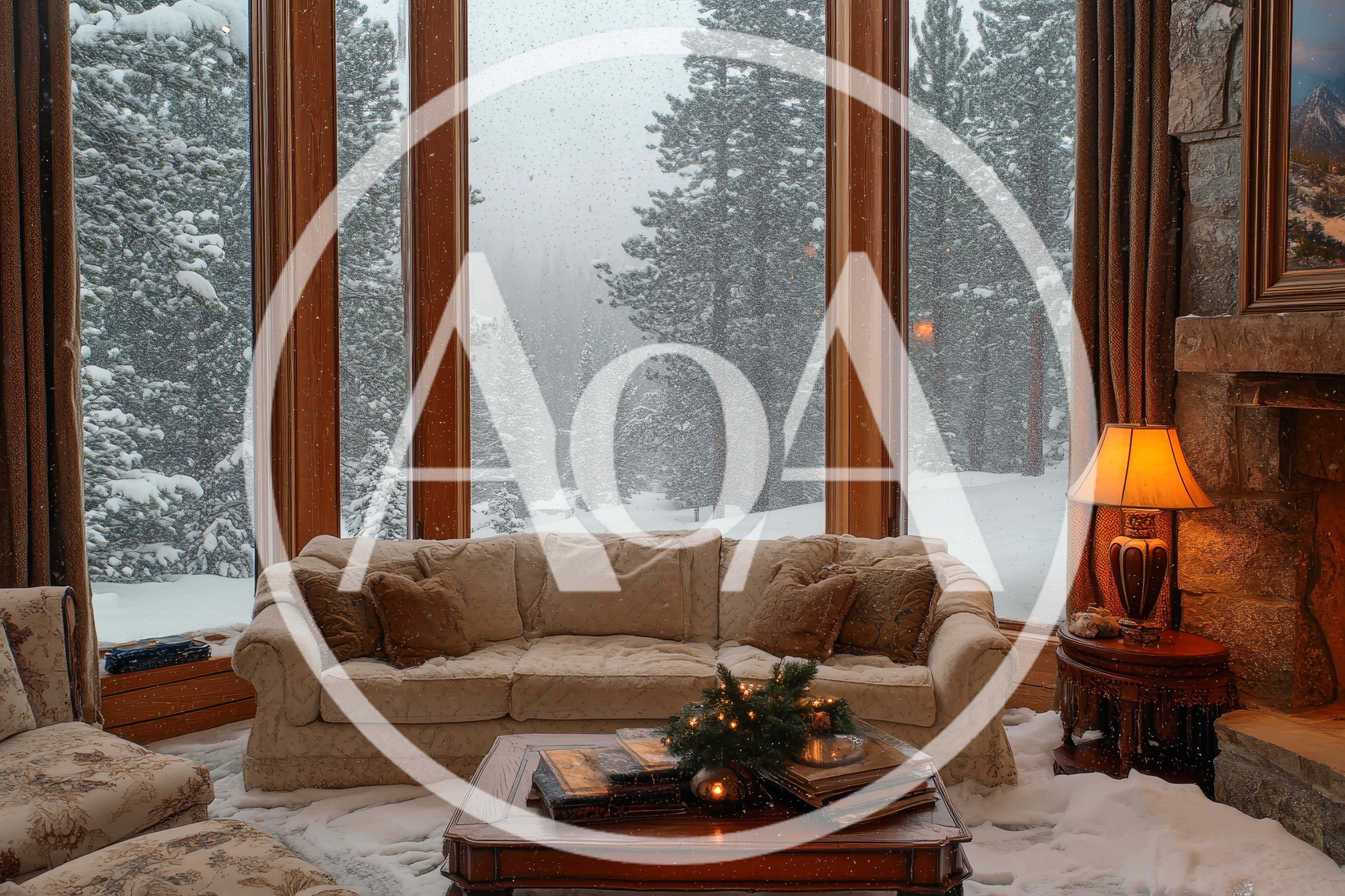 Cozy Living Room Interior With Snowy Forest View