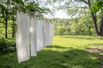 White Cloths Drying On A Clothesline In Nature
