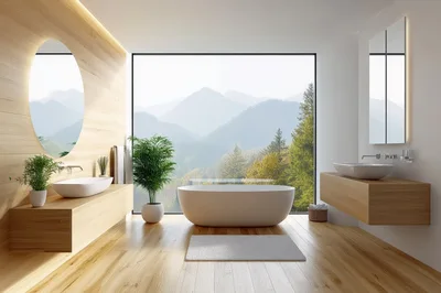 Modern Minimalist Bathroom With Mountain View