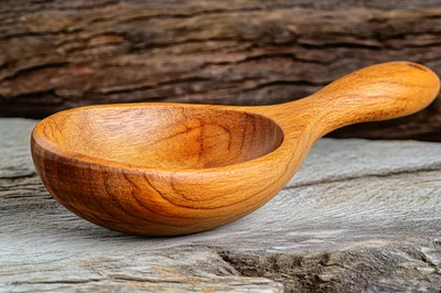 Handcrafted Wooden Scoop On Rustic Weathered Wood Surface