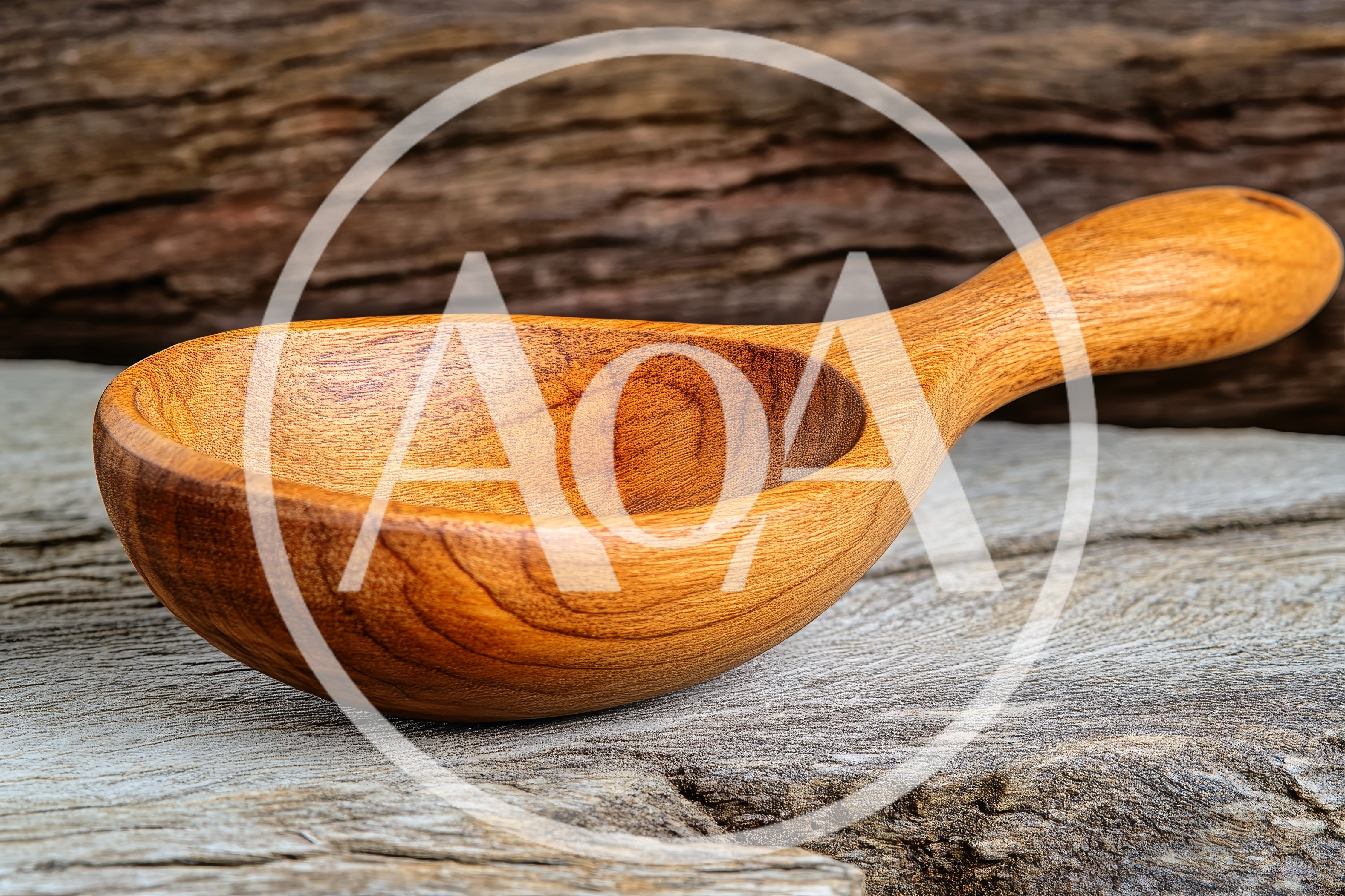 Handcrafted Wooden Scoop On Rustic Weathered Wood Surface