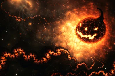 Cosmic Jack O Lantern Floating In Fiery Nebula