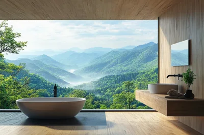 Modern Luxury Bathroom With Panoramic Mountain View