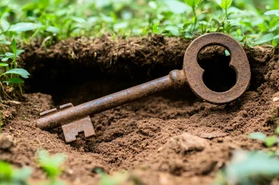 Old Rusty Skeleton Key Buried In Soil