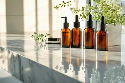 Amber Glass Skincare Bottles On Marble Surface