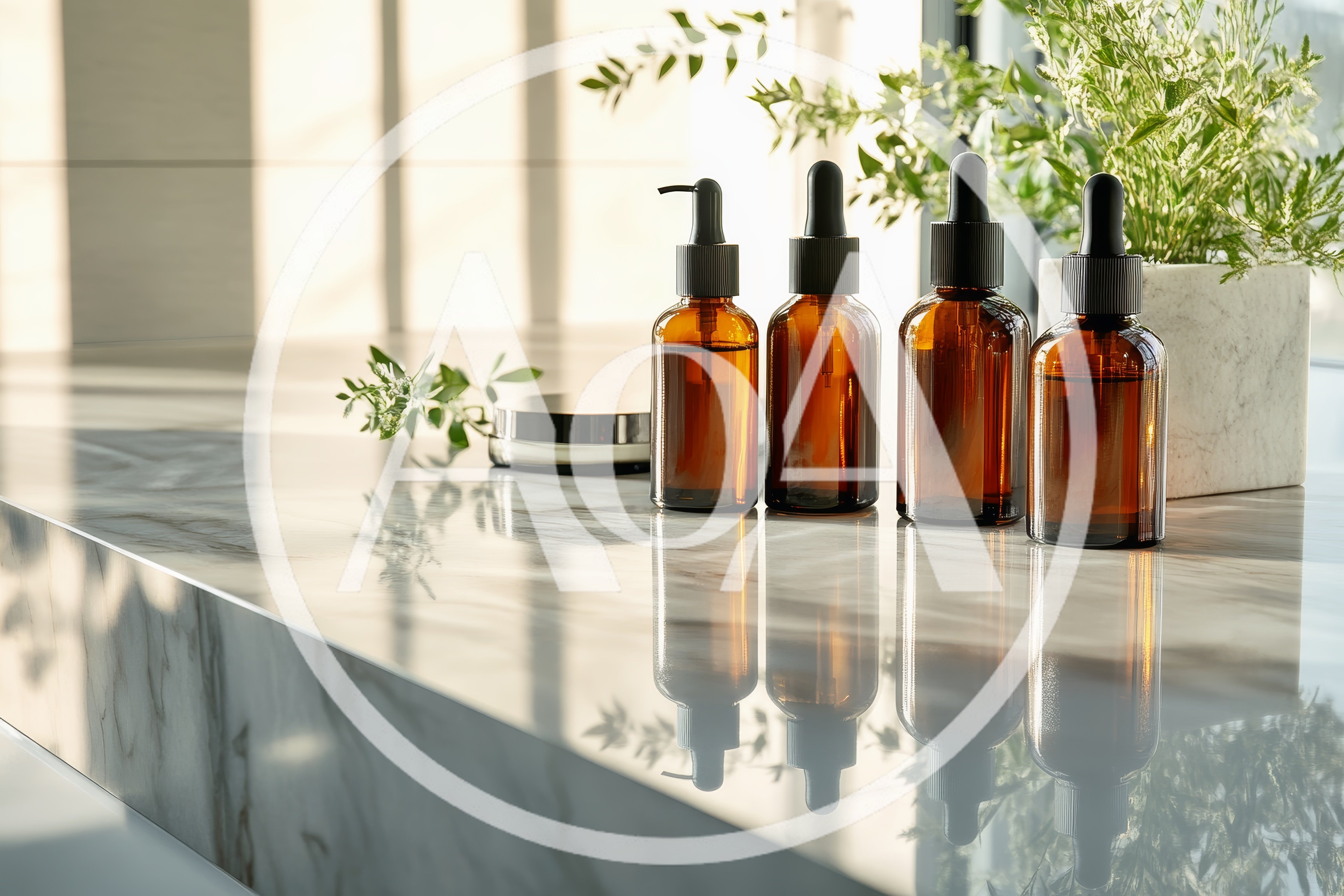 Amber Glass Skincare Bottles On Marble Surface