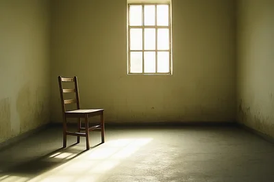 Single Wooden Chair In A Dim Empty Room