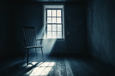 Empty Wooden Chair In A Dark Dimly Lit Room