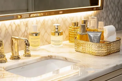 Luxury Bathroom Vanity With Gold Accents And Skincare Products