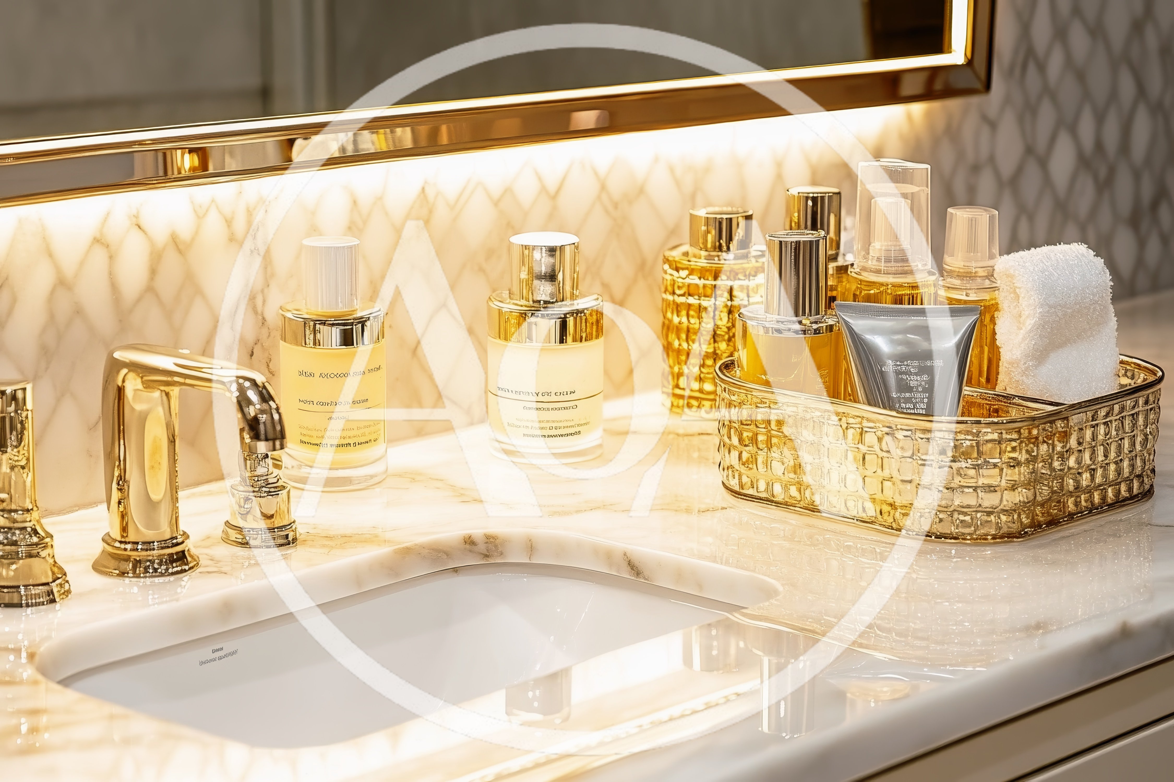 Luxury Bathroom Vanity With Gold Accents And Skincare Products
