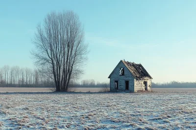 Abandoned Dilapidated House In A Frosty Winter Field