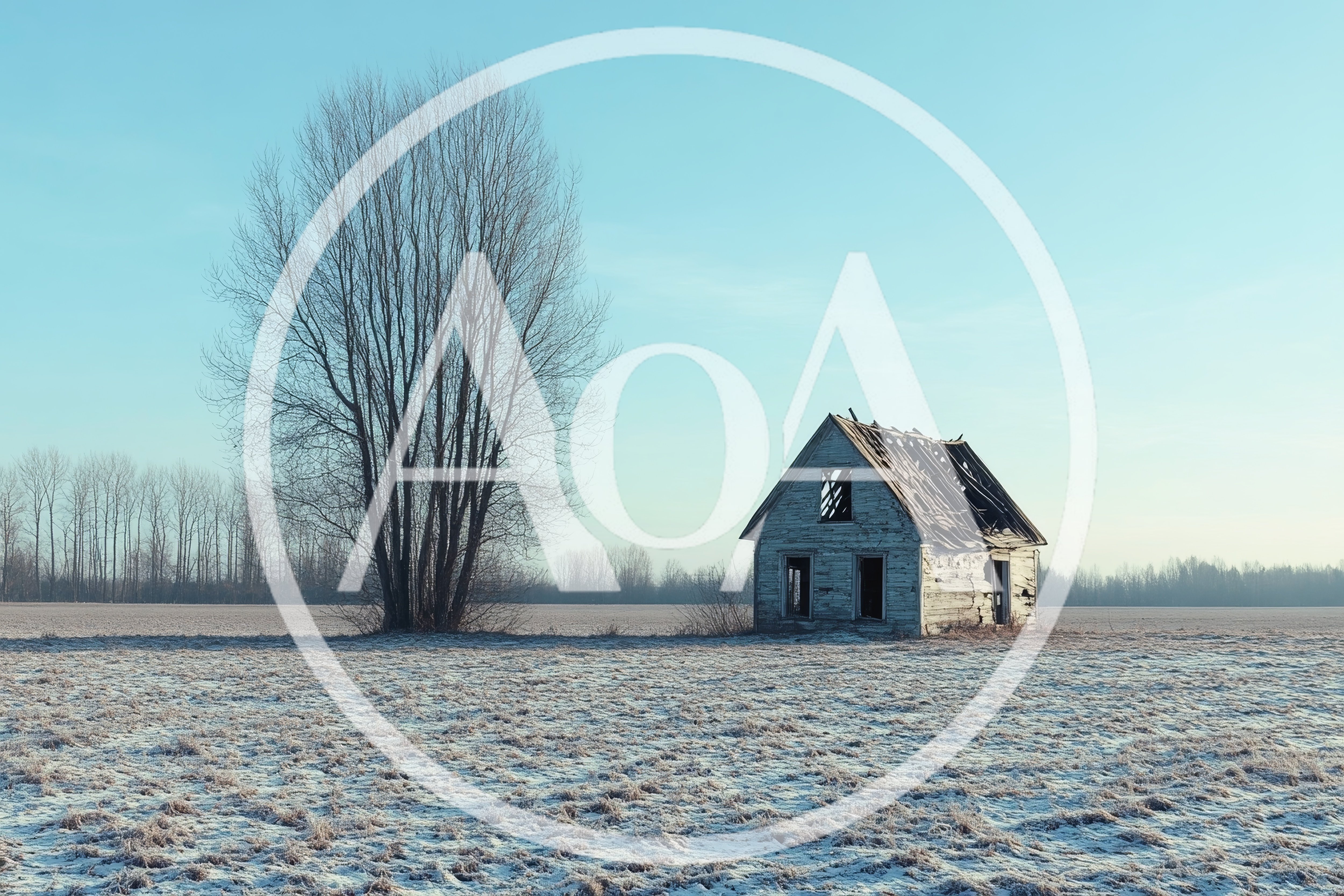 Abandoned Dilapidated House In A Frosty Winter Field
