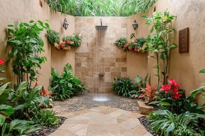 Outdoor Tropical Shower With Stone Tile And Lush Plants