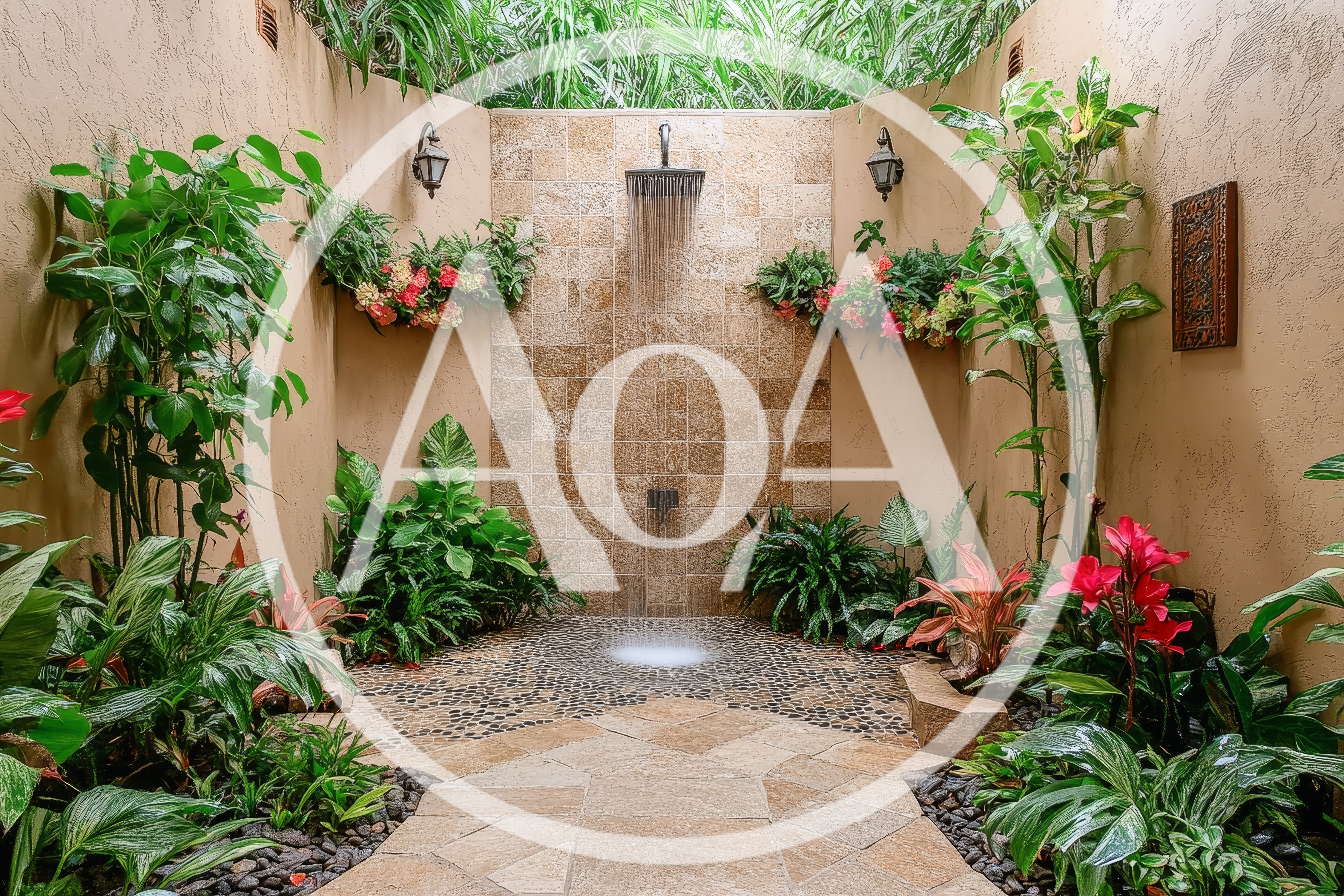 Outdoor Tropical Shower With Stone Tile And Lush Plants