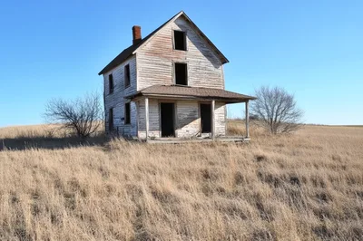 Abandoned Weathered Farmhouse In A Dry Grassy Field