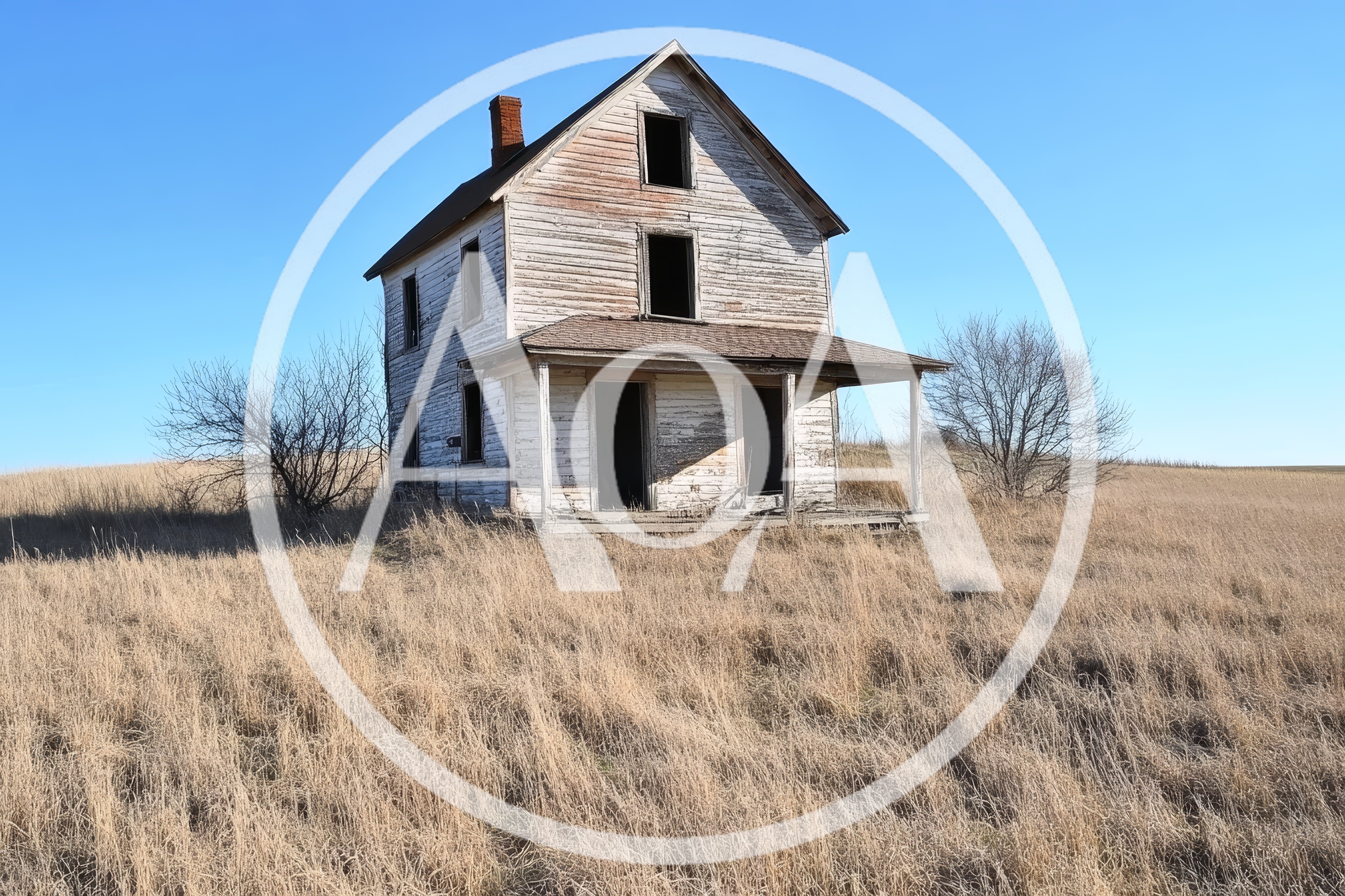 Abandoned Weathered Farmhouse In A Dry Grassy Field