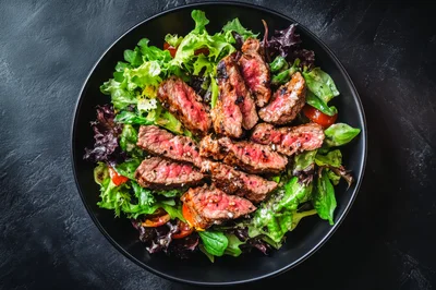 Grilled Steak Salad in a Black Bowl