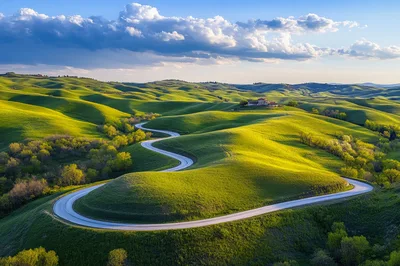 Winding Road Through Rolling Green Hills of Tuscany