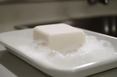 White Bar Soap With Bubbles In A Ceramic Dish